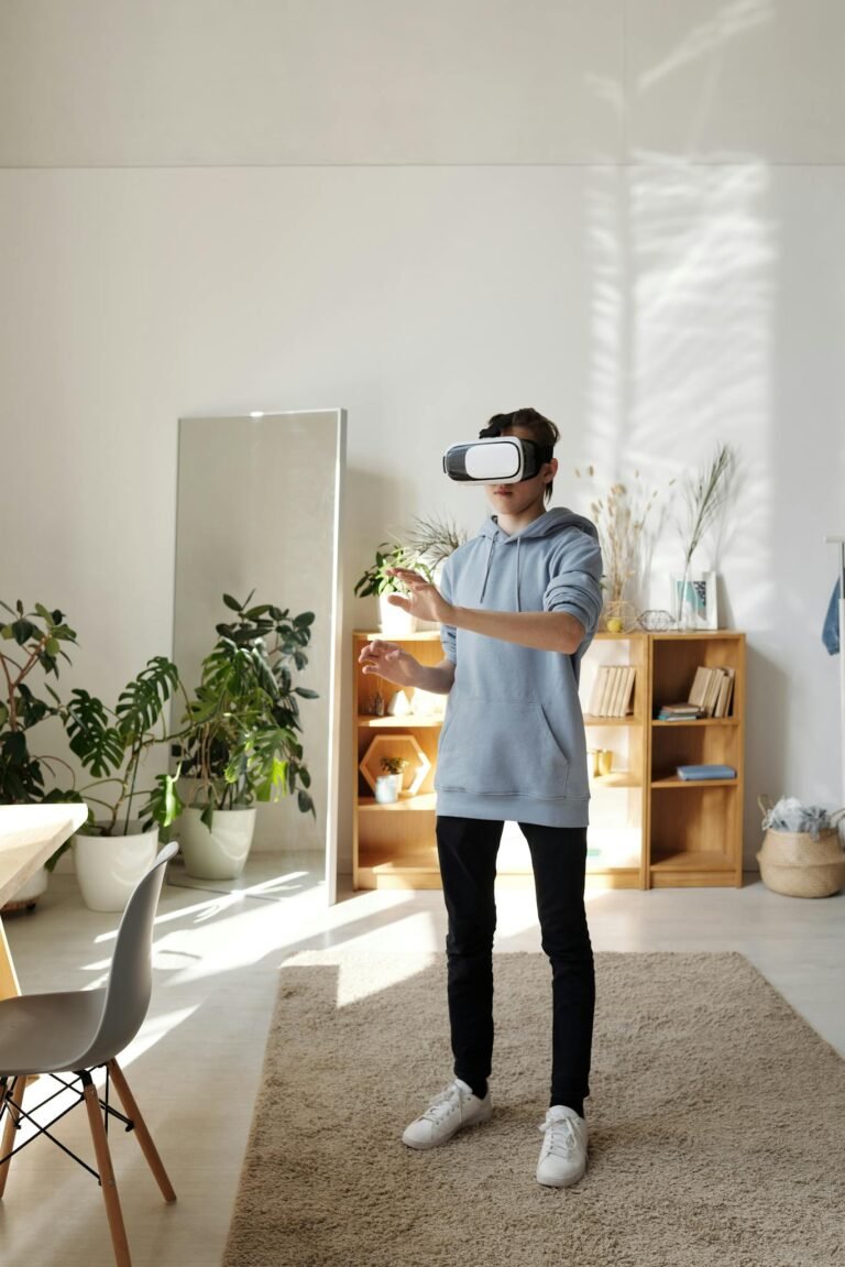 Teen playing VR games indoors, immersed in virtual reality experience, wearing VR headset.
